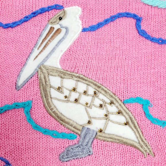 Quacker Factory Beach Summer Seashore Themed Pink Cardigan Sweater Medium - Picture 5 of 14